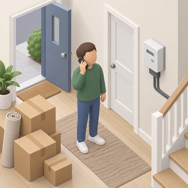 A simplified householder standing in the hallway of their home holding a phone to their ear, giving notice to their existing energy supplier before moving out, with packed moving boxes nearby and a wall-mounted electricity meter on the wall beside them.