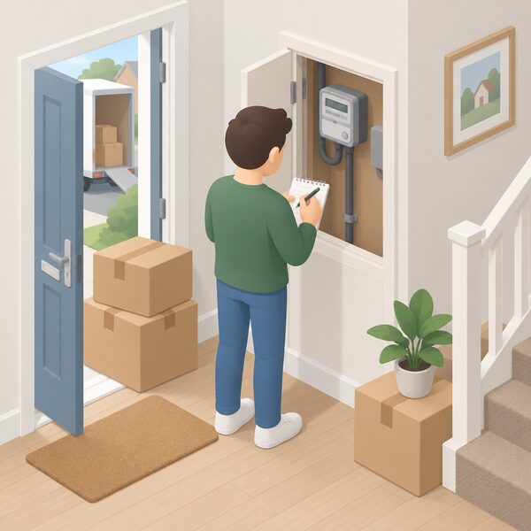 A simplified householder at the property being left on moving day, standing at the electricity meter in a hallway or cupboard, writing the reading on a notepad while moving boxes sit nearby.
