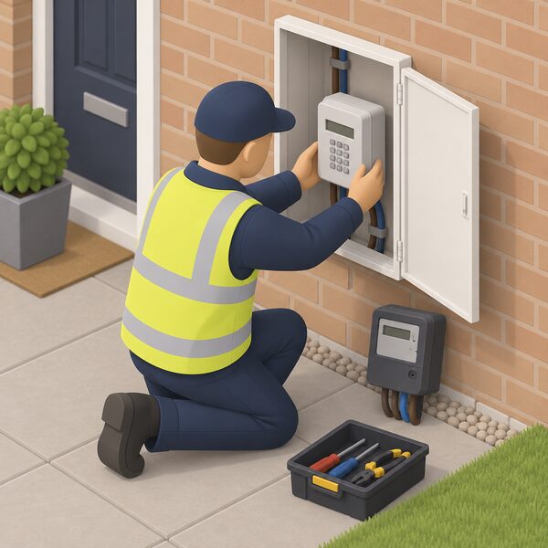 An NIE Networks engineer, in plain work clothing and hi-vis, kneeling at a domestic electricity meter box replacing a standard meter with a keypad meter, the old meter set aside and tools beside him.