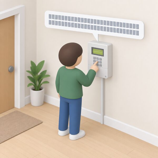 A simplified isometric customer standing at a keypad electricity meter mounted on an interior wall of a home, keying in a very long price change code shown as a long strip of blank digit blocks, with the meter's small display showing plain colour bands.