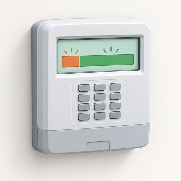A close-up of a wall-mounted keypad electricity meter display showing a top-up being split, with a plain bar of credit visibly divided so a smaller slice is marked off towards arrears and the larger remainder remains as available credit.