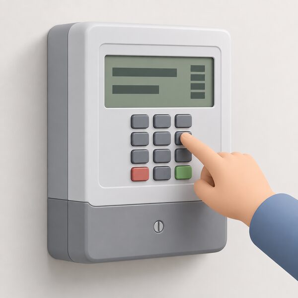 A close-up view of a wall-mounted keypad electricity meter with its numeric button pad and small digital display, one simplified figure's finger pressing a button, the screen shown as plain blank line blocks indicating readings and usage history.