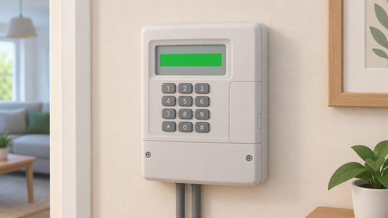 A close-up of a domestic keypad prepayment meter mounted on an interior wall, its small LCD screen showing a plain colour band representing an accepted top-up message, with the numeric keypad and star and hash buttons visible below the display.