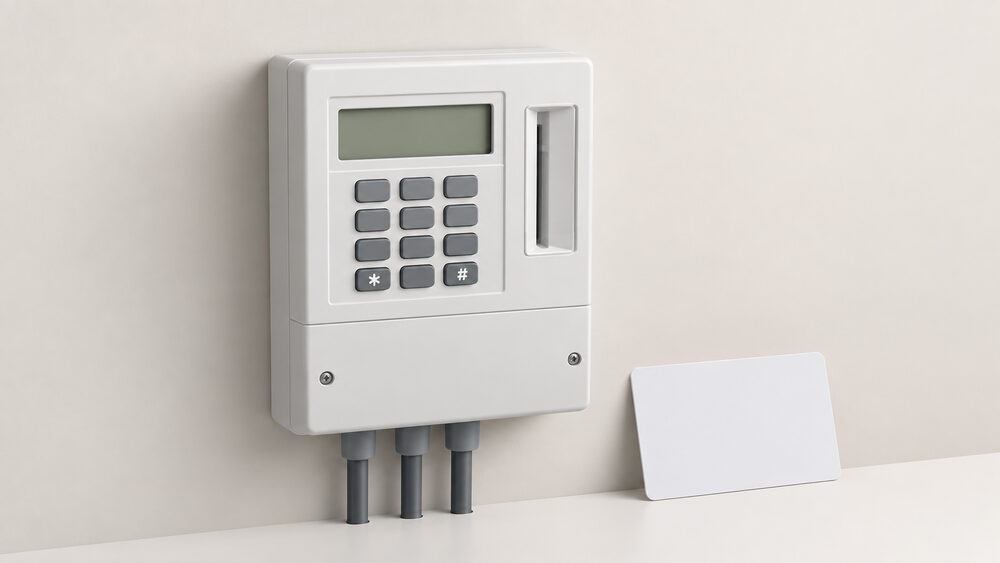 A close-up of a wall-mounted keypad electricity meter with a small digital display and a keypad of buttons, a blank top-up card resting beside it, nothing else in the frame.