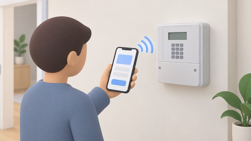 A hand holding a smartphone whose screen shows a plain top-up screen with blank fields and a send button, held near a keypad electricity meter on an interior wall with a simple Bluetooth signal arc linking phone to meter.