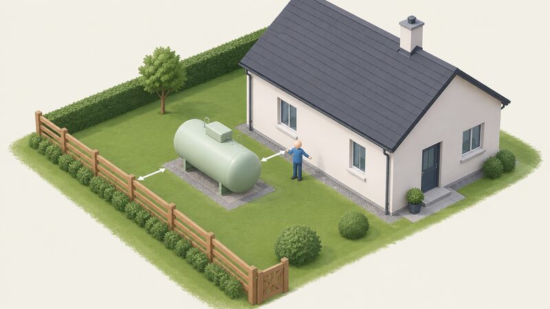 A simplified isometric view of a bulk LPG tank standing in the garden of an off-grid house, sited clear of the building wall and the plot boundary, with a small figure indicating the gap between tank, house and boundary line.