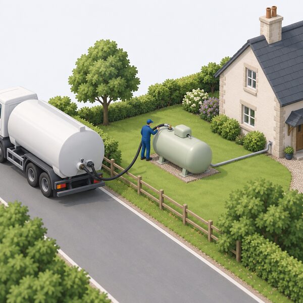 A small bulk LPG tank standing in the garden of an off-grid rural house, owned by the supplier and being refilled by a delivery driver connecting a hose from a road tanker parked nearby, with a pipe running from the tank toward the house.