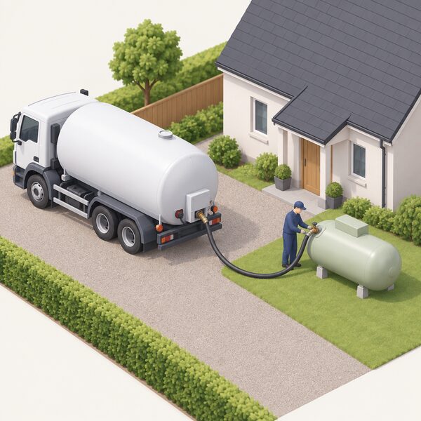 A road tanker parked on a home's driveway with its hose run to the household LPG tank, a driver in plain work clothing standing by the hose connection as bulk LPG is delivered by road under a private contract.