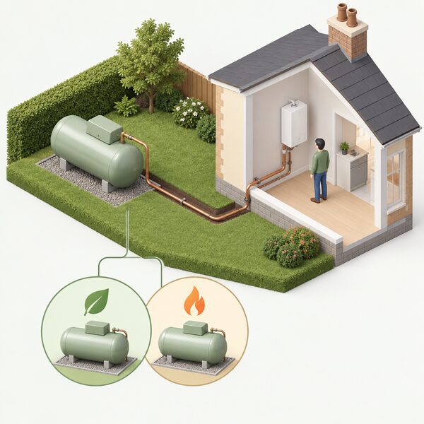 An isometric view of a domestic bulk LPG tank in a garden with its pipework running to the house, drawn so the identical tank and connections could serve either conventional LPG or bioLPG as a drop-in fuel.