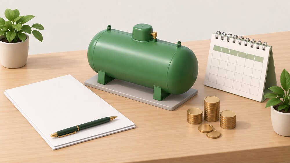 A small model of a green bulk LPG tank standing on a table beside blank contract paperwork, a delivery calendar and a few coins, showing the moment a household signs up for tank rental and fuel deliveries.