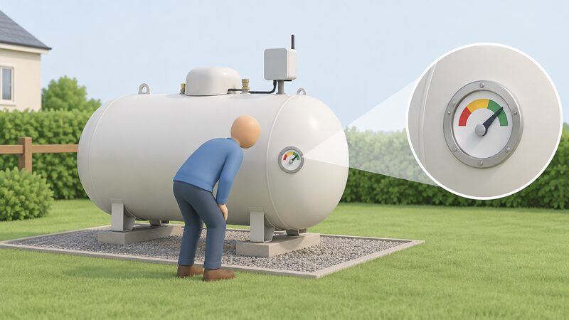A simplified figure outdoors beside a bulk LPG tank, bending to read the round manual level gauge fitted to the tank end, with a small telemetry box on the tank shown as an alternative, the gauge dial carrying only plain colour bands and no numbers.