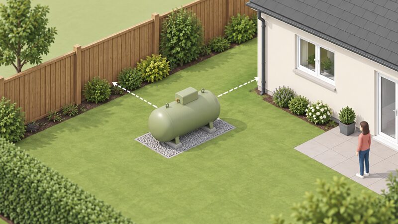 An isometric view of a small above-ground LPG tank in a garden, set back from a boundary fence and away from the house wall, with dashed measurement lines showing the clear separation gaps between the tank, the fence and the building.