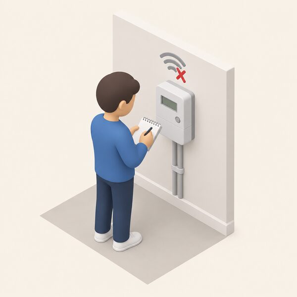 A smart electricity meter mounted on an indoor wall with a small broken signal symbol above it, and a simplified isometric figure standing beside it reading the display and writing a manual reading on a notepad.