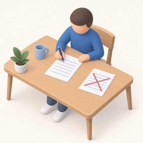 A simplified figure at a home table completes a Direct Debit instruction form for the new supplier, the paper form lying flat with blank lines, while an old cancelled instruction sits to one side, showing the new payment arrangement being set up before the takeover.