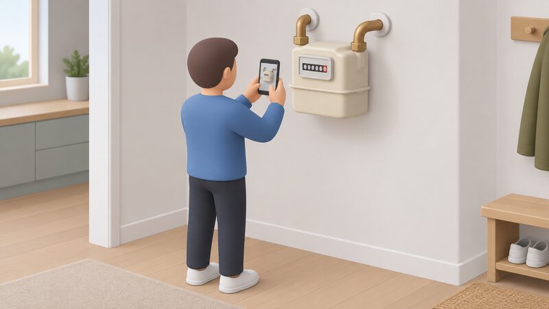 A simplified householder stands indoors beside a wall-mounted domestic gas meter, holding up a phone to photograph the meter's dial face, with the meter's pipe connections shown running into the wall.