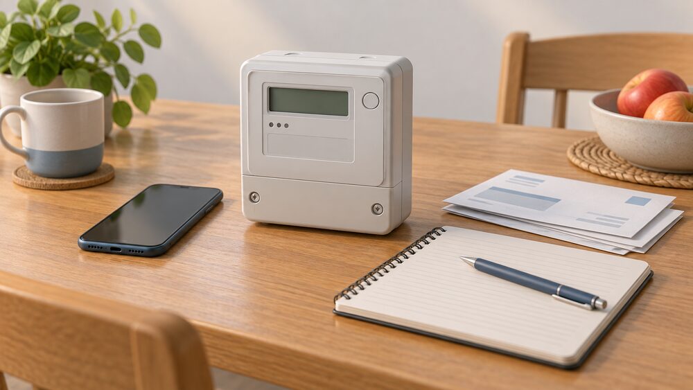 A domestic electricity meter sits on a kitchen table beside an open notebook with a pen, a phone lying face up, and a couple of folded paper bills, the moment a household records its own reading after a supplier failure.