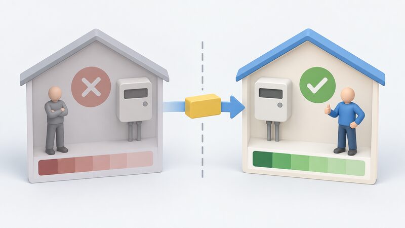 A simplified diagram of a home electricity meter with a single reading shown as a plain unlabelled block, an arrow carrying it across a boundary line from a faded failed-supplier panel on the left to an appointed Supplier of Last Resort panel on the right, with usage before and after the boundary shown as separate plain colour bands.