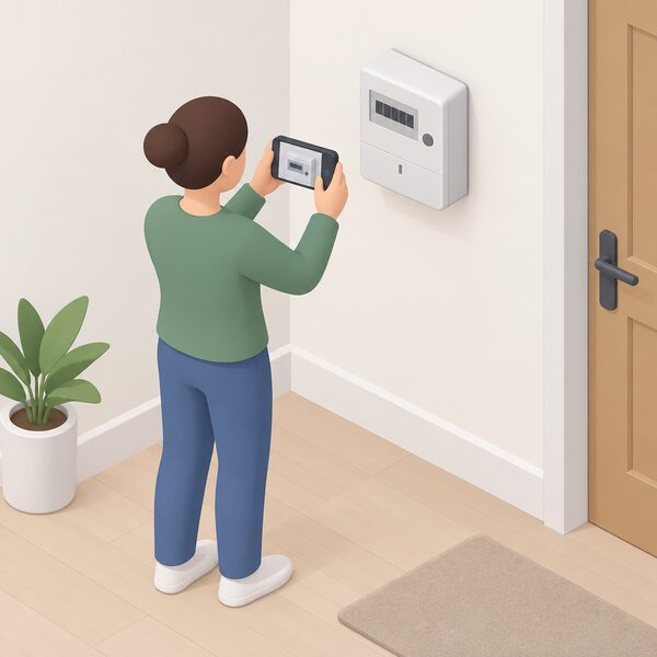 A household electricity meter mounted on an interior wall with a simplified isometric figure holding a phone or camera taking a photograph of the meter display as dated evidence of a final reading during a supplier switch.