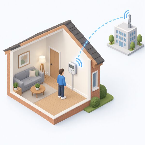 A small isometric figure stands beside a smart electricity meter fitted on an inside wall of a home, with a simple signal travelling from the meter outwards to represent readings being sent automatically to the energy supplier.