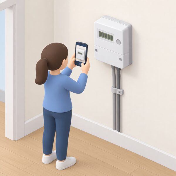A standard domestic electricity meter mounted on an interior wall, with a small isometric figure standing beside it holding a phone to photograph the display, the meter's blank digital display shown as plain blocks with no readable figures.