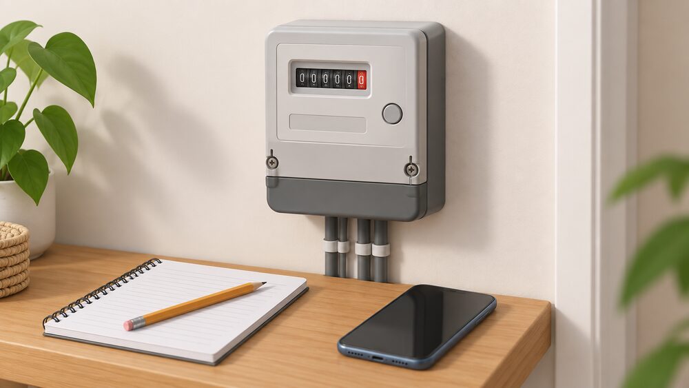 A close-up of a domestic electricity meter mounted on an indoor wall, with a notepad and pencil resting beside it and a phone lying below, showing the moment a household takes a reading to record before an energy switch.