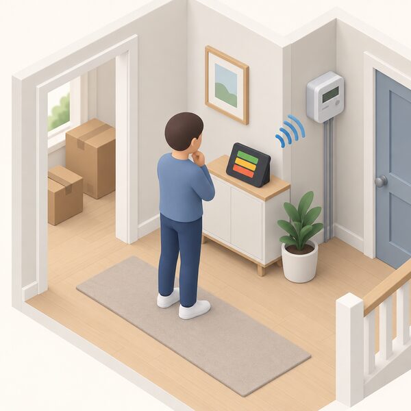 A simplified isometric figure of a new occupant standing in a hallway of a home just moved into, looking at a smart meter's in-home display showing plain colour bands for energy use, with the smart meter itself visible on a nearby wall connected by a short wireless link symbol.