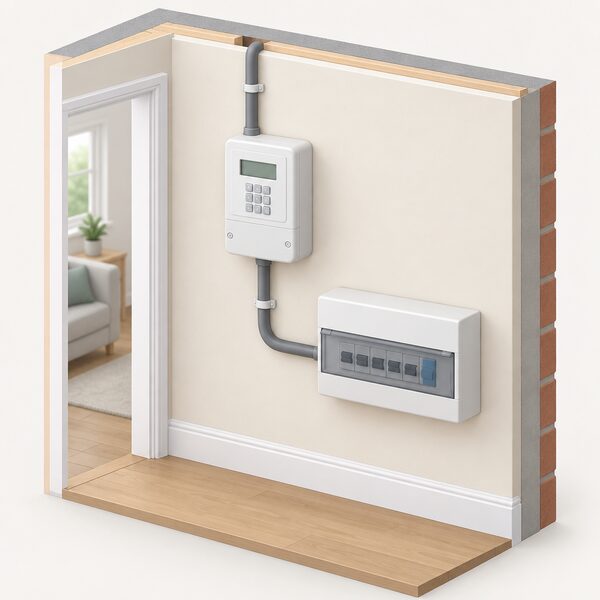 A plain domestic interior wall with a wall-mounted prepayment electricity meter, its keypad and display shown as blank blocks, with the incoming supply cable entering from above and the consumer unit cable leaving below, drawn as a simple cutaway of the home.