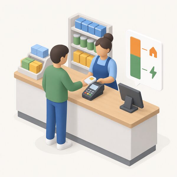 A simplified isometric figure stands at a small shop counter handing over a prepayment key while the shopkeeper holds it to a terminal, with a plain split bar beside the counter showing part of the top-up going to debt and part to energy.