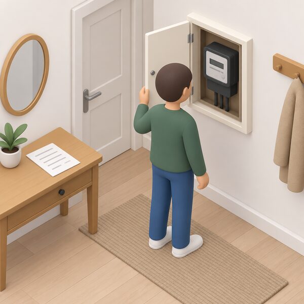A simplified tenant figure standing indoors in a rented hallway beside the electricity meter, opening the meter cupboard door and looking at the meter, with a tenancy agreement document lying on a nearby table.