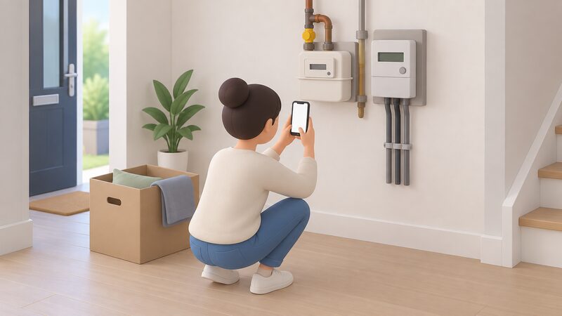 A new occupier crouching beside a gas meter and an electricity meter on an inside wall, holding a phone to photograph their displays on move-in day, with a moving box nearby.