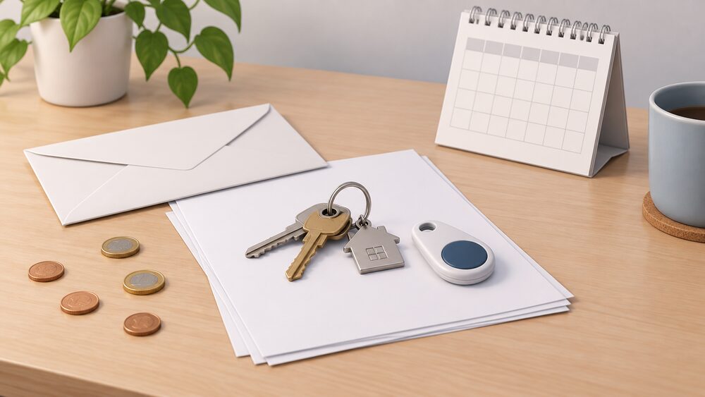 A small arrangement on a table of a set of house keys resting on blank paperwork beside a sealed envelope, a few loose coins, a prepayment key fob and a wall calendar, evoking the moment of taking over an energy account at a new home.