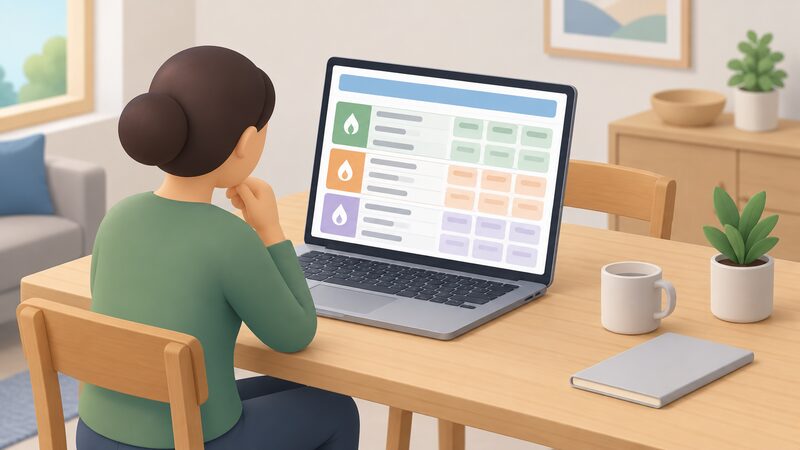 A laptop on a household table displaying the Consumer Council energy price comparison tool as a screen with a tariff table of plain rows grouped by supplier and network area, a date band at the top, and a simplified isometric figure seated beside it looking at the results.