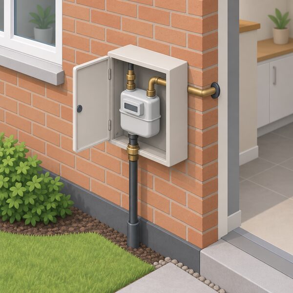 A domestic gas meter box mounted on the outside brick wall of a house, with the inlet pipe rising from the ground into the box and a smaller outlet pipe running through the wall into the home, showing the point where piped gas enters the property.