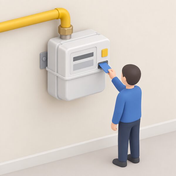 A close-up of a domestic prepayment gas meter mounted on an interior wall, with a simplified isometric figure inserting a payment key or card into the meter's slot, the meter connected to an incoming gas pipe, with no readable display figures.