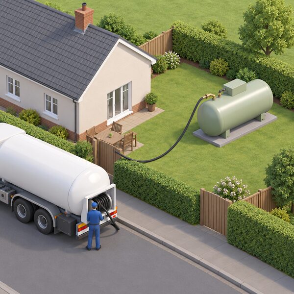 A plain above-ground LPG storage tank standing in the back garden of a simple house, set on a level base away from the wall, with a delivery hose running from a tanker at the kerb to the tank's fill point to show fuel bought in deliveries for homes off the gas network.