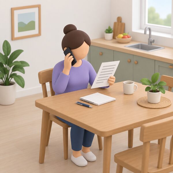 A householder sitting at a kitchen table telephoning an energy advice service, holding a gas bill in one hand, with a notepad and pen beside them ready to note down the free advice being given.