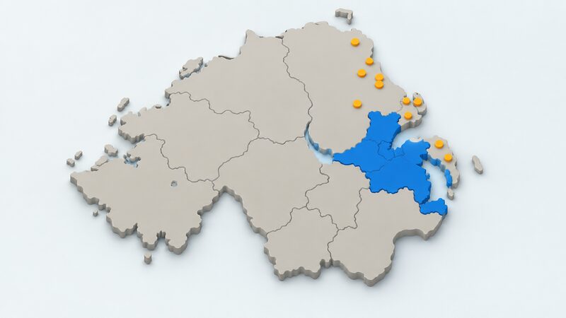 A simplified map of Northern Ireland with the Greater Belfast area around the city shown in one plain colour, the Ten Towns area shown as smaller marked towns in a second colour, and the remaining rural and western regions left in a neutral colour indicating limited or no piped gas.