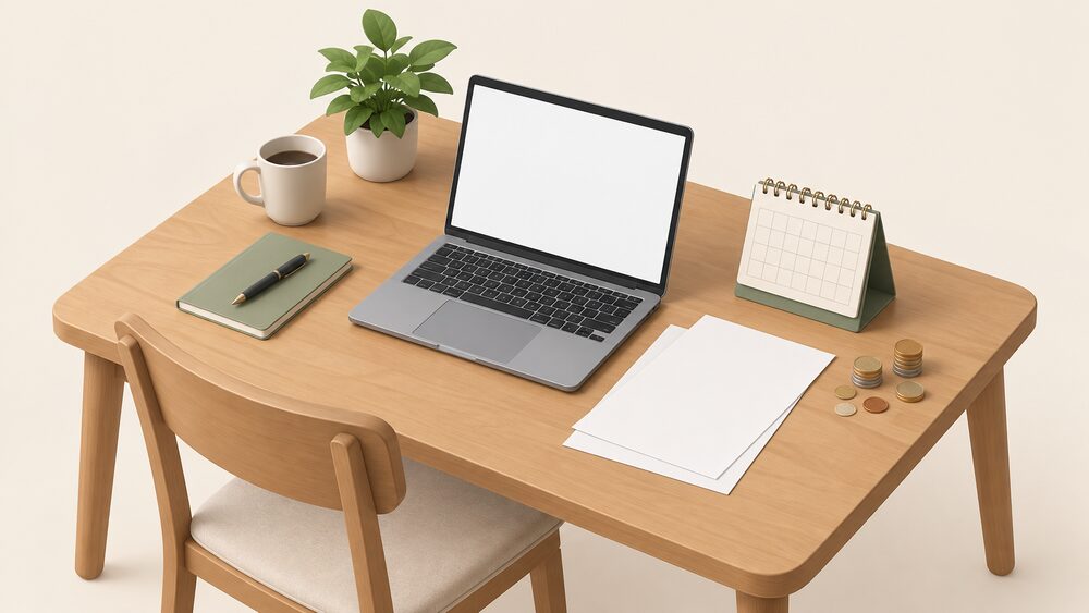 A kitchen table holding a laptop with a blank screen, blank comparison paperwork, a small calendar and a scatter of coins, arranged as a householder sitting down to compare gas tariffs between two network areas.