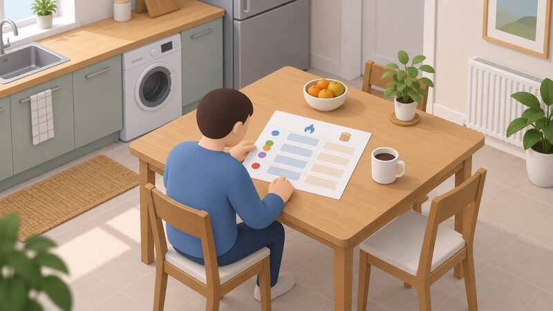 A printed comparison sheet lying on a kitchen table in a home, showing a simple table with a row for each supplier and blank blocks for unit rates and standing charges, with a small isometric figure seated reading it.