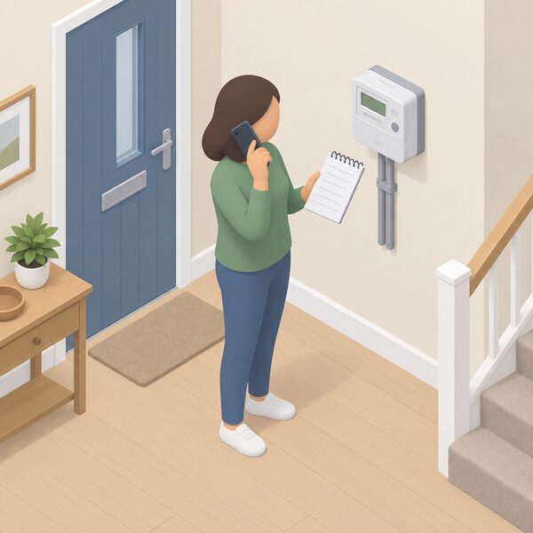 A householder standing in a home hallway beside the electricity meter, holding a phone to their ear and a notepad with blank lines, giving their account details, move date and closing meter reading over the call.