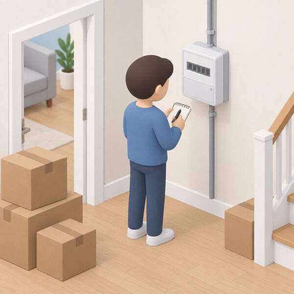A simplified isometric figure stands at an electricity meter on an interior wall of a home on moving day, holding a notepad and pen and recording the reading shown on the meter display, with a few packed moving boxes nearby.