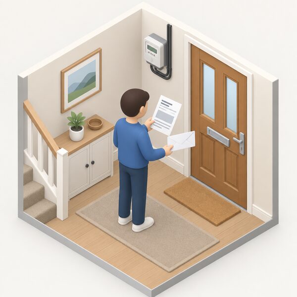 A simplified figure standing in a home hallway holding an energy bill, with a domestic electricity meter on the wall beside the front door and an envelope addressed for posting, showing the household paying its supplier directly and so being free to choose another supplier or tariff.