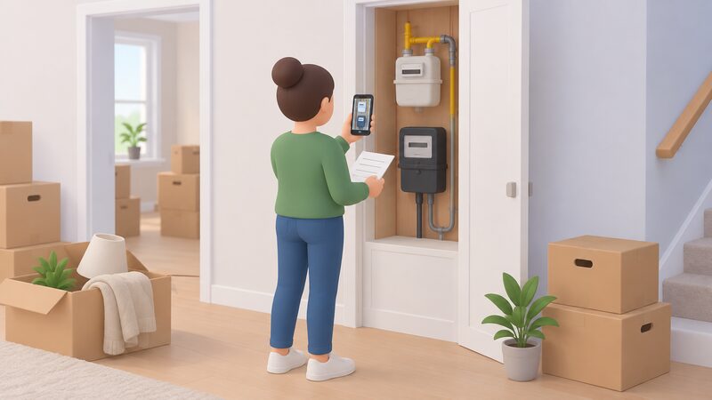 A householder standing at an inside meter cupboard on moving day, holding a phone to photograph a gas meter and an electricity meter while holding a written note of the readings.