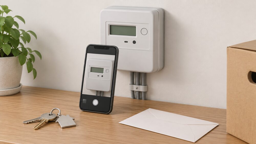 A close-up of a wall-mounted electricity meter with a smartphone propped in front of it photographing the display, a set of house keys and a blank envelope resting on the surface below.