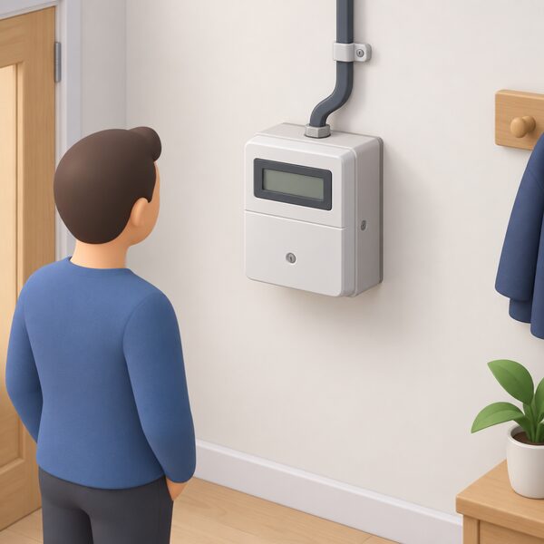A domestic electricity meter mounted on an interior home wall, shown as a plain closed meter box with its supply cable running to it, with no branding or readable figures, representing the everyday metered connection every supplied household has.