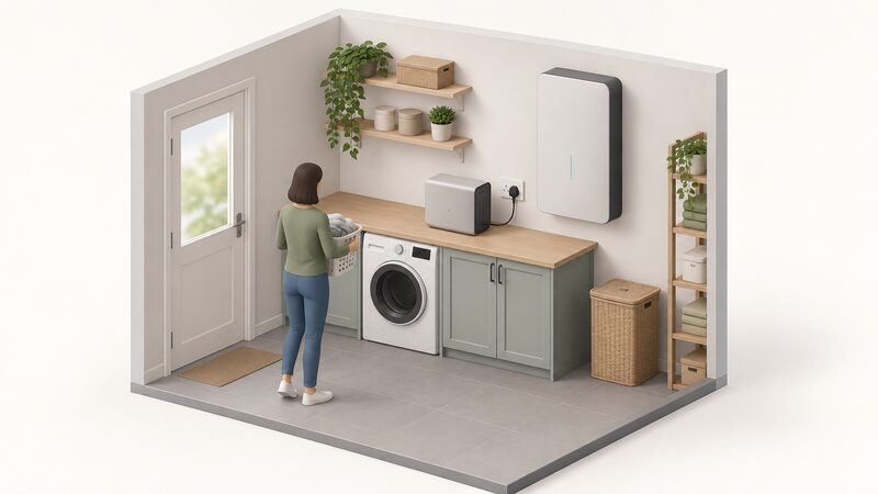 A domestic utility room shown with a small plug-in battery unit sitting on a worktop beside a socket, and a larger wall-mounted battery system fixed high on the wall next to it, drawn as a simple cutaway interior scene.
