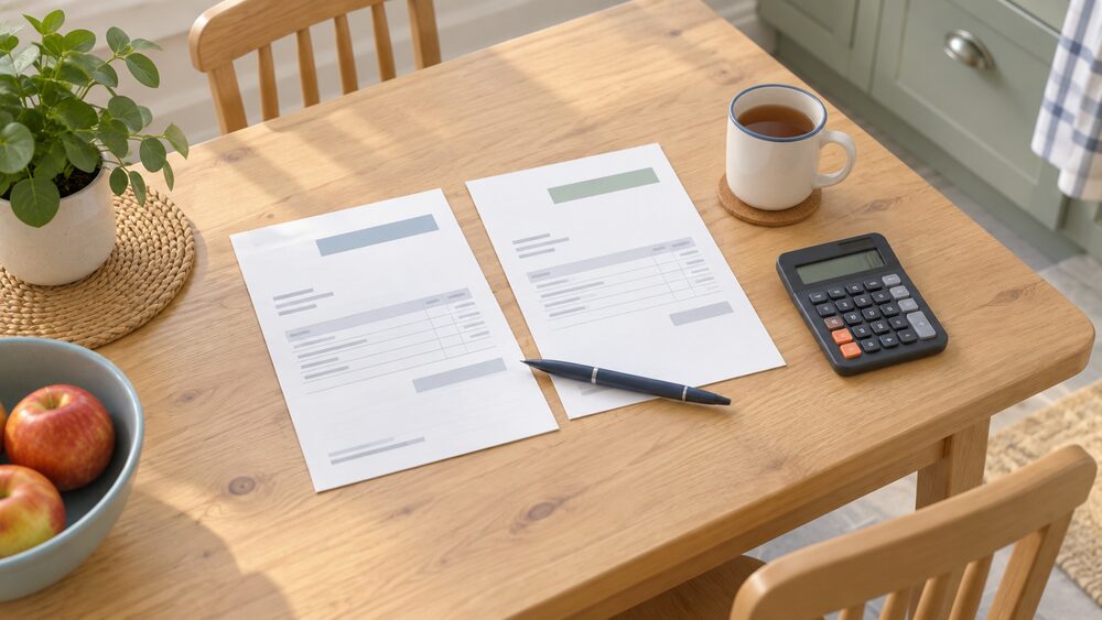 A kitchen table seen from above with two plain white energy bills lying side by side, a pen resting across them, a small calculator and a mug of tea beside them, as a household weighs up which supplier to choose when a fixed deal ends.