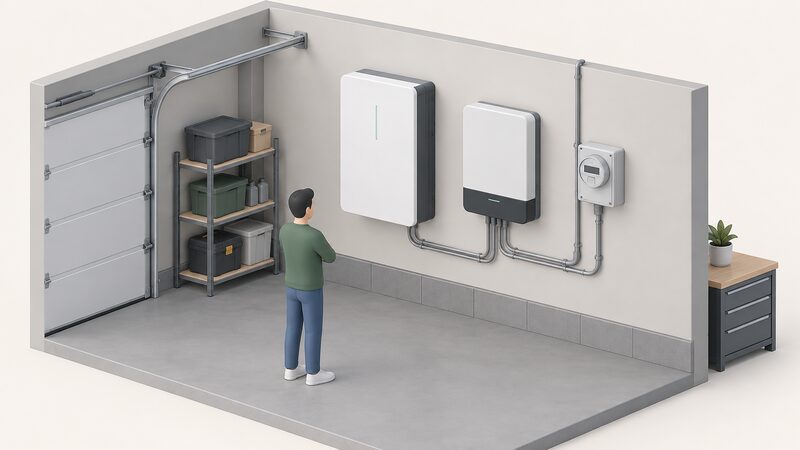 A garage interior wall carrying a battery storage unit and a solar inverter side by side, with a smart meter mounted nearby, all connected by neat conduit runs, shown as a simple isometric cutaway of the garage corner.