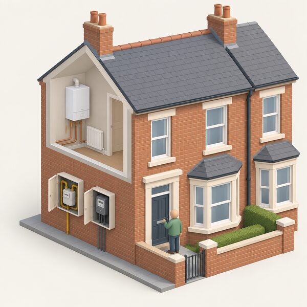 A typical British terraced house with a gas boiler, a gas meter and an electricity meter on an outside wall, and a small simplified figure of a homeowner standing at the front door, representing the domestic household market both suppliers serve.