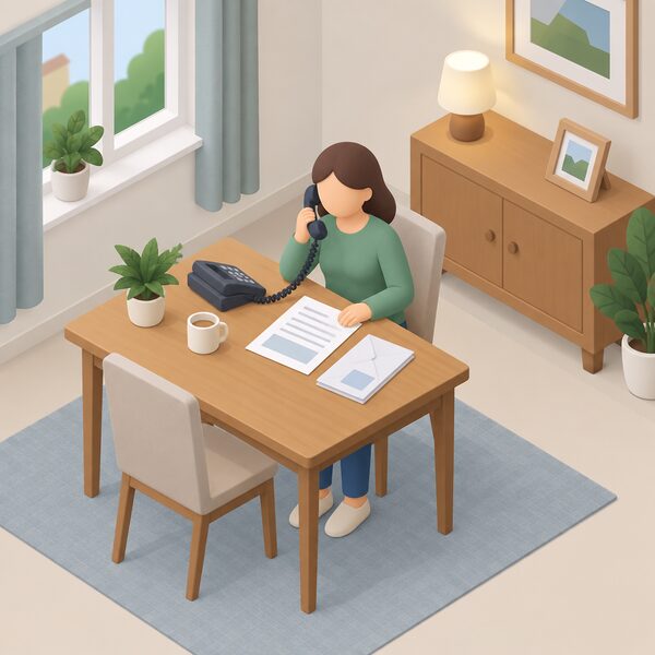 A householder at home telephoning their energy supplier's customer service, holding a phone to their ear while seated with an energy bill or account paperwork on the table beside them, representing the customer service experience measured by satisfaction surveys.